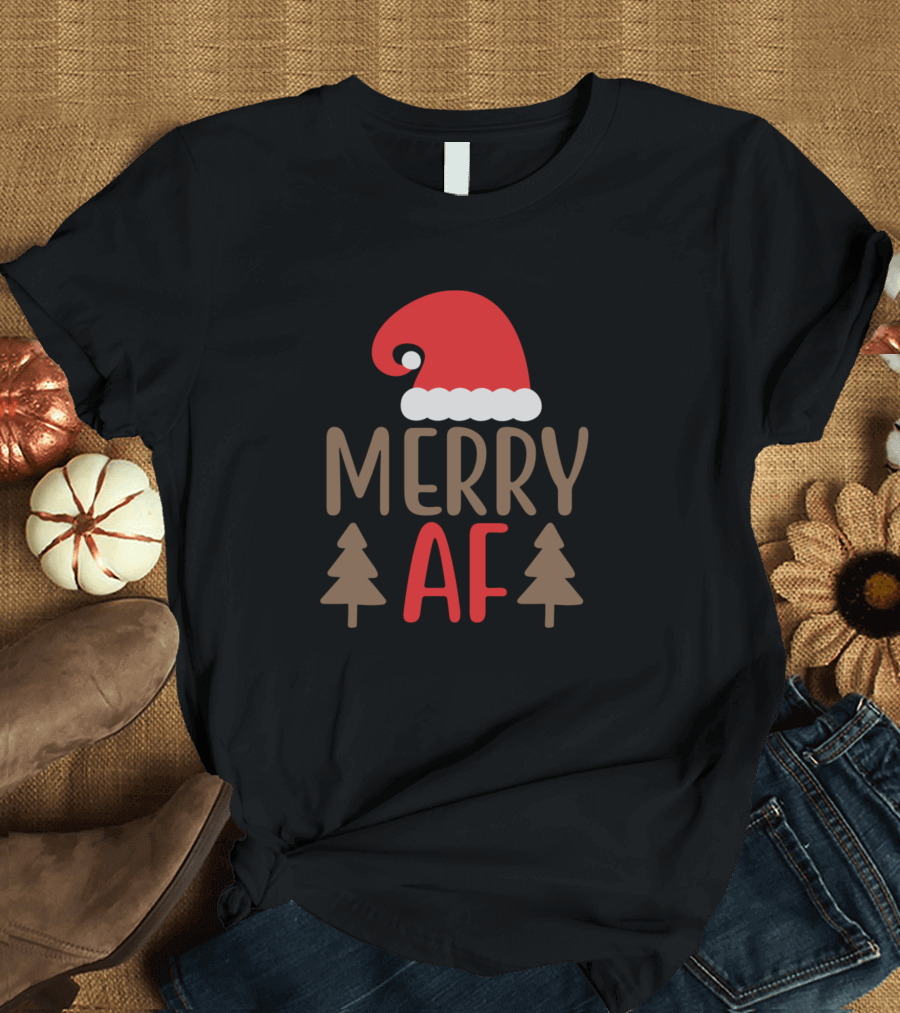 Merry AF Santa Hat with Christmas Trees T-Shirt