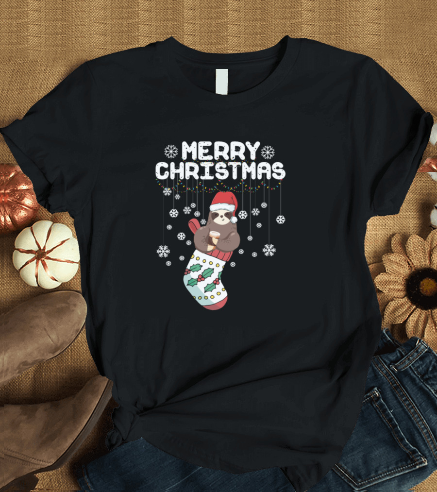 Merry Christmas Sloth in Santa Hat with Holiday Stocking and Snowflakes T-Shirt