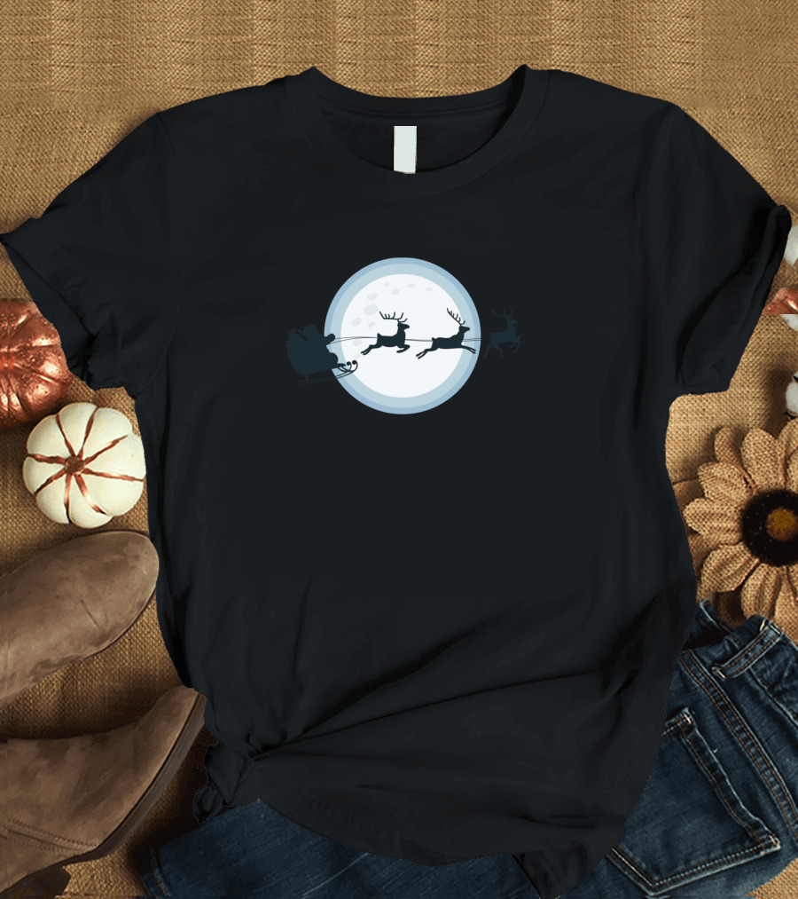 Santa Sleigh and Reindeer Night Flight in Front of Full Moon T-Shirt