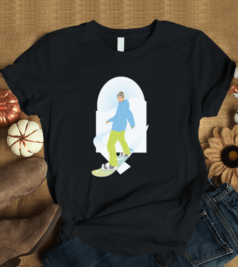 Snowboarder in Winter Scene with Blue Jacket and Yellow Pants T-Shirt