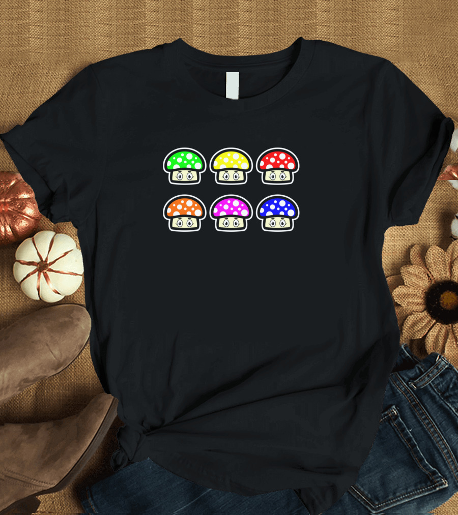 Cute Mushrooms Colorful Faces Green Yellow Red Orange Pink Blue Dots T-Shirt