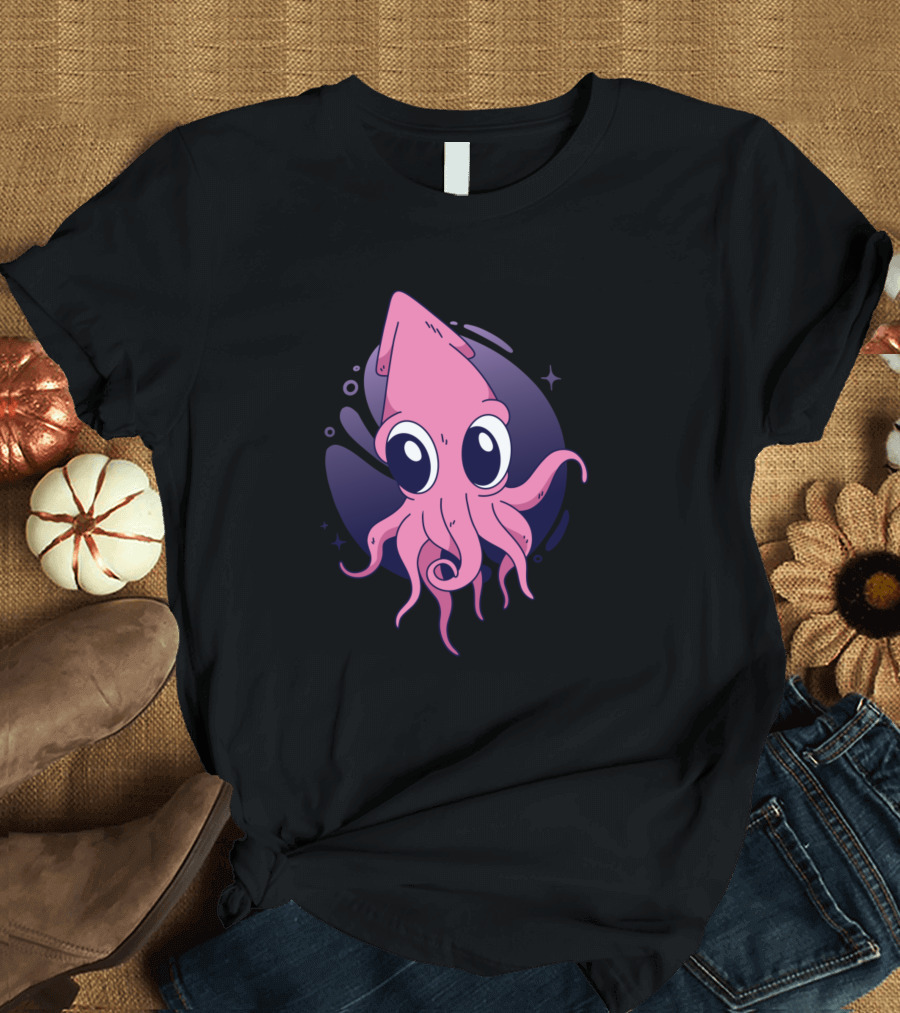 Cute Pink Cartoon Squid with Big Eyes T-Shirt