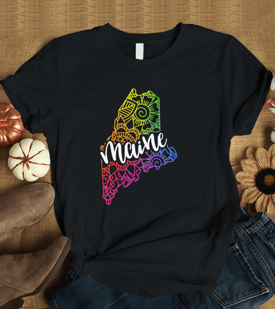 Maine Rainbow Mandala State Outline T-Shirt