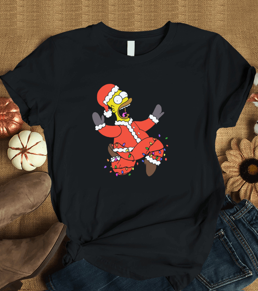 Santa Claus Homer Simpson Wrapped in Christmas Lights T-Shirt