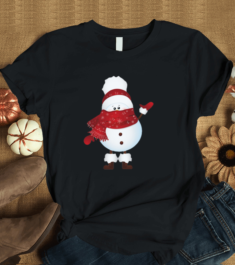 Hello Snowman Winter Style with Red Scarf and Mittens T-Shirt