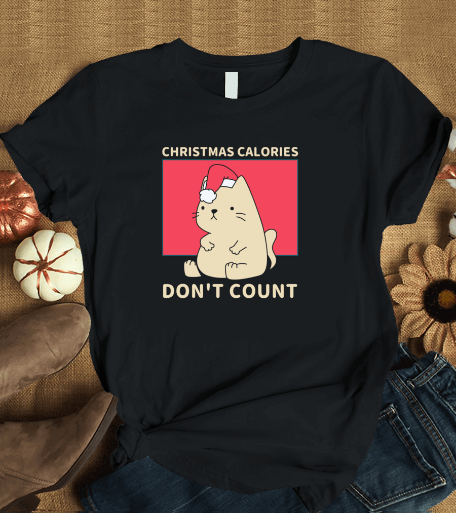 Christmas Calories Don't Count Cat with Santa Hat T-Shirt