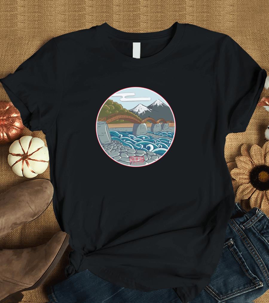 Kintaikyo Five Arch Bridge with Mountains and Waves T-Shirt