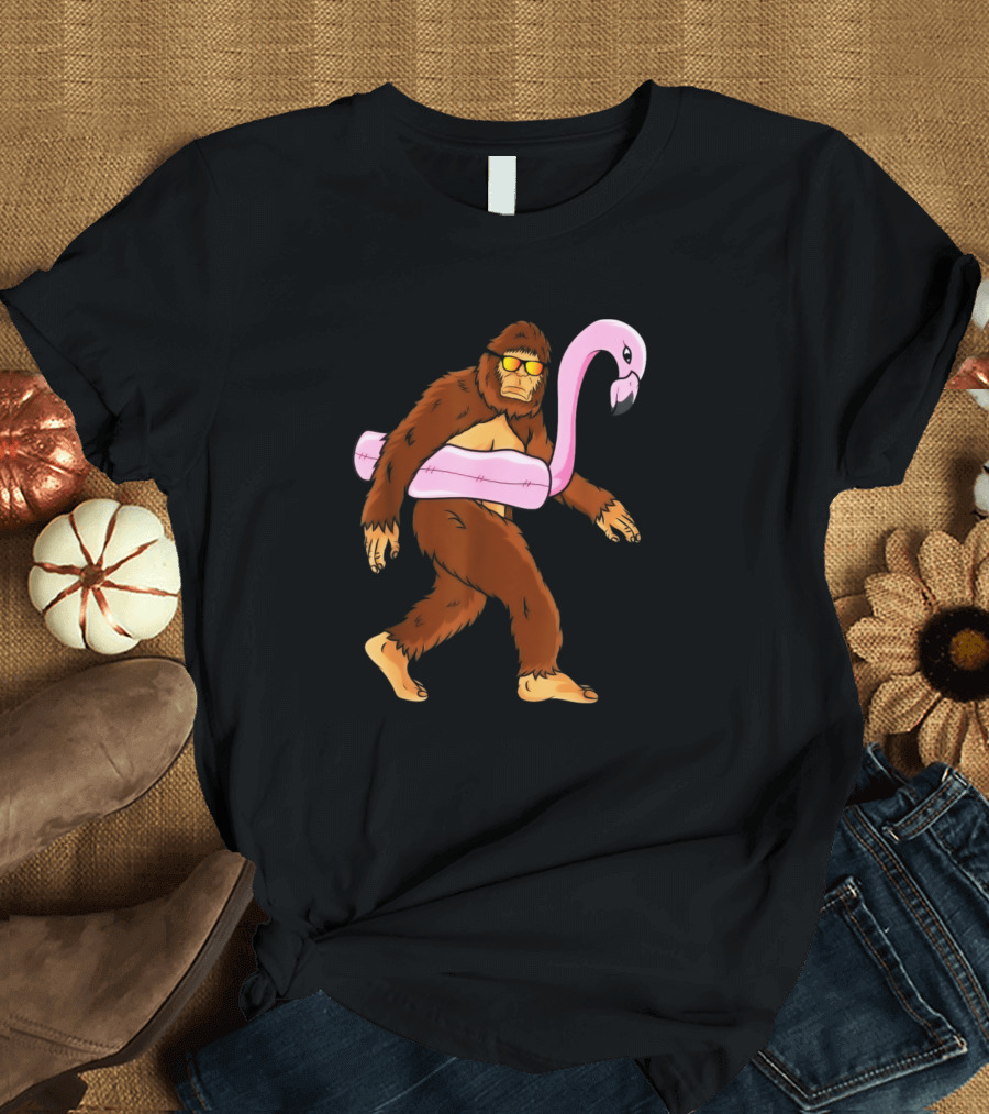 Bigfoot Sasquatch Pool Party Pink Flamingo Float T-Shirt