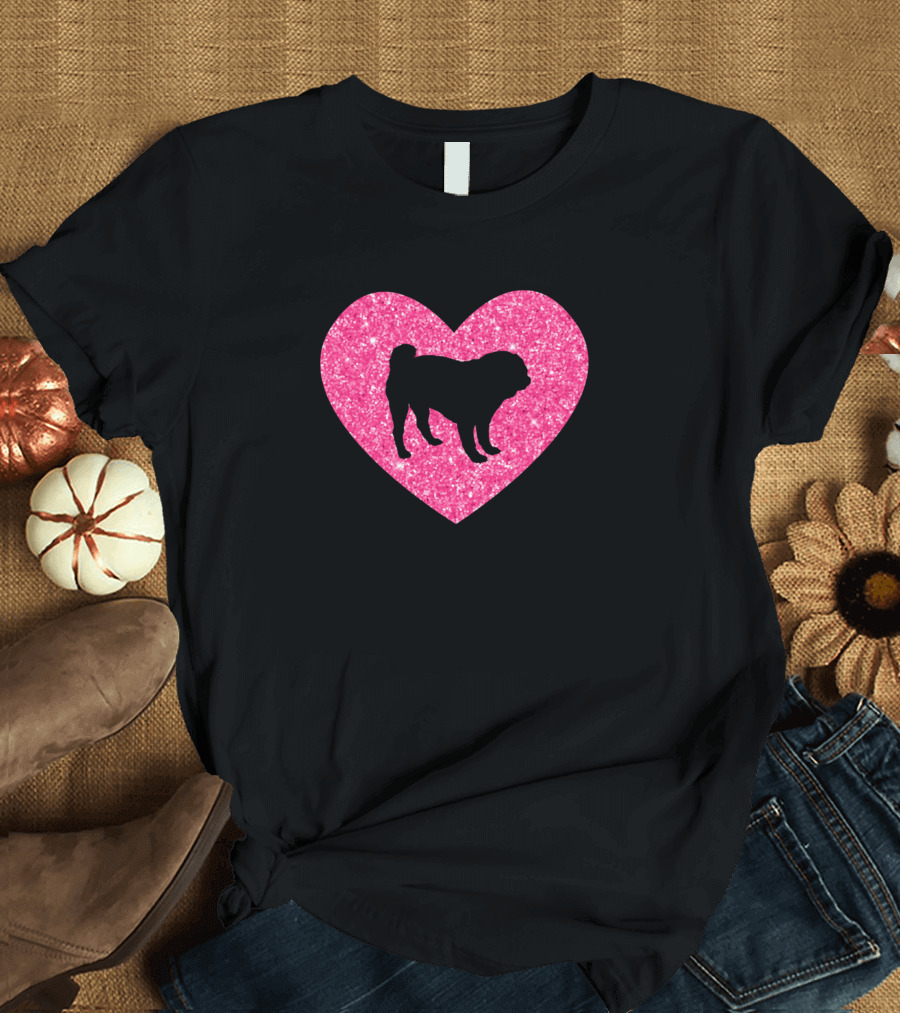 Pug Silhouette Pink Heart T-Shirt
