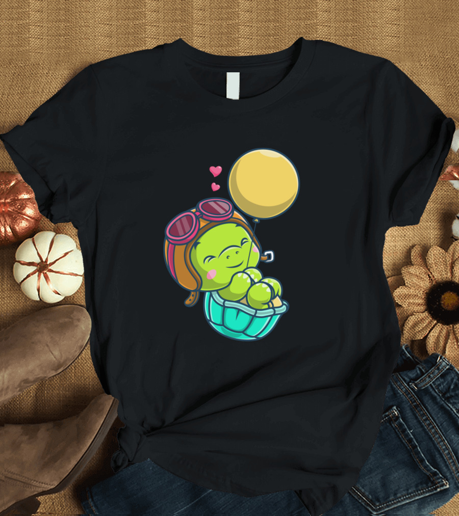 Turtle Pilot Balloon Adventure Hearts T-Shirt
