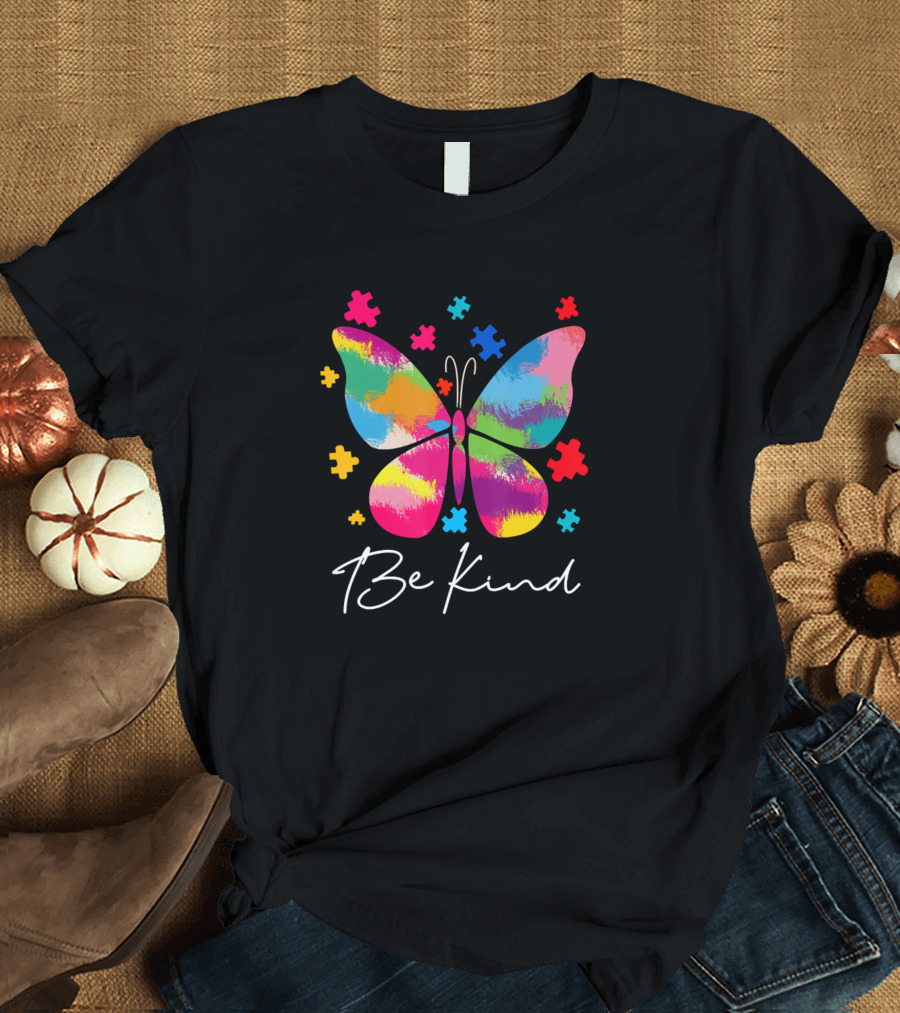 Be Kind Autism Kindness Butterfly Puzzle Piece T-Shirt