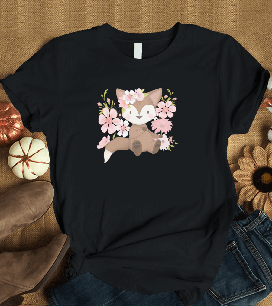 Children Floral Fox Kids Cute Flower Motif T-Shirt