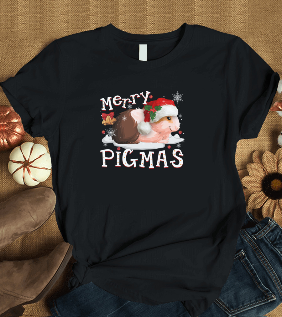 Merry Pigmas Guinea Pig Santa Hat Snowflakes Bow T-Shirt