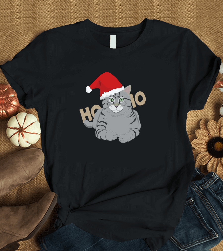 Cat Wearing A Santa Hat Ho Ho Ho T-Shirt
