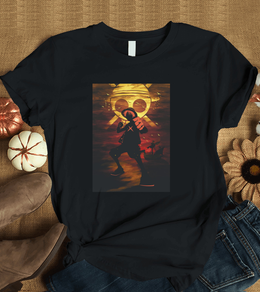 Luffy Silhouette with Straw Hat Pirate Symbol Background T-Shirt