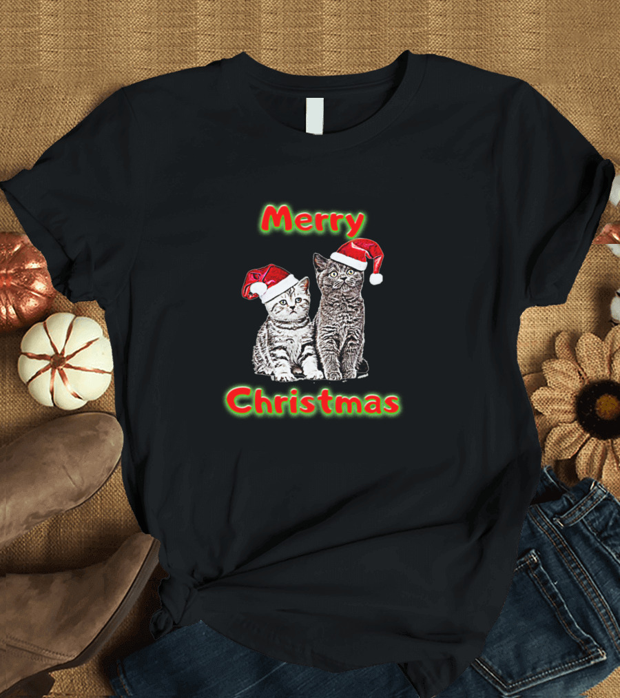 Merry Christmas Cats with Santa Hats T-Shirt