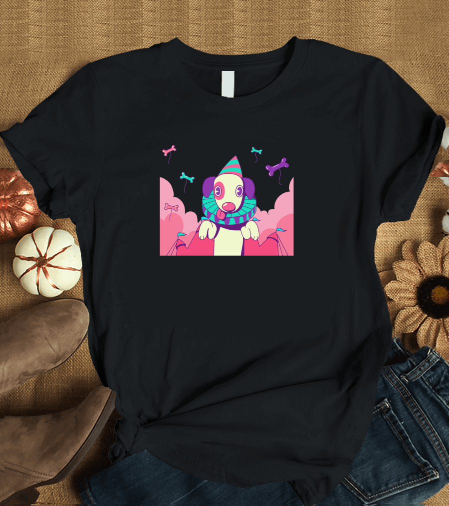 Cute Clown Dog with Colorful Hat and Bones in Pink Clouds T-Shirt