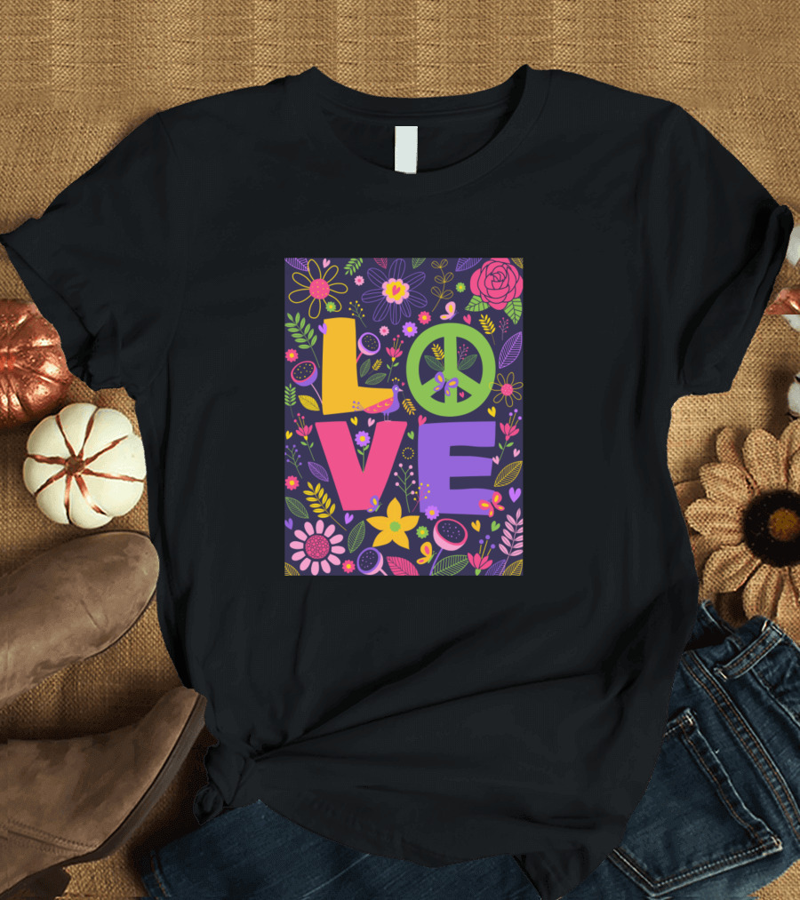 LOVE Peace Floral Elements Hippie T-Shirt