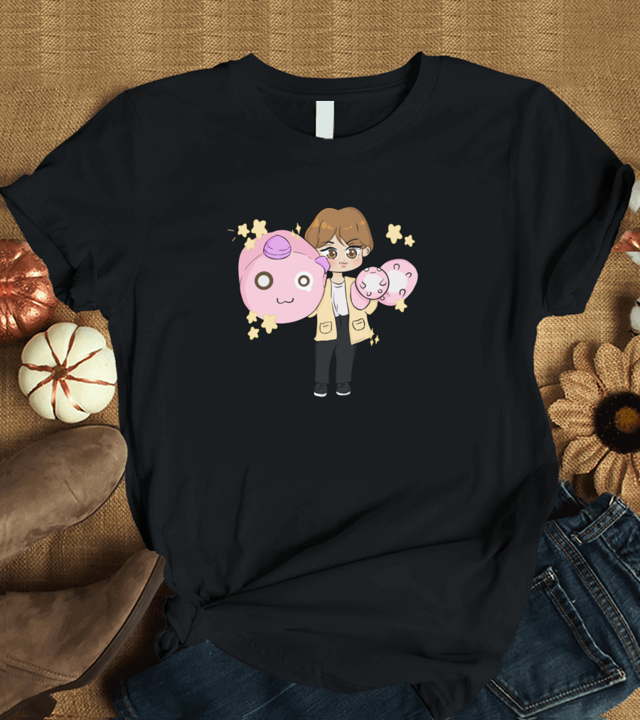 Jin with Cute Pink Cartoon Creatures and Stars T-Shirt
