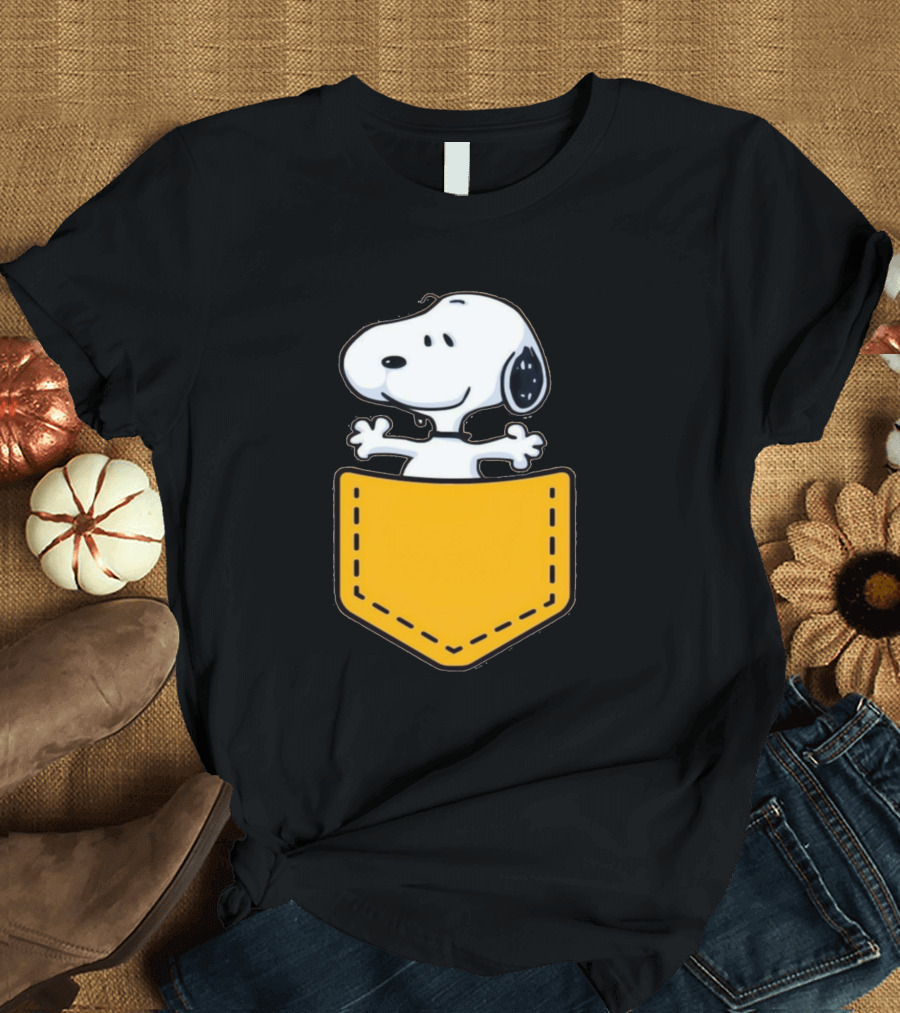 Snoopy Peeking from Yellow Pocket T-Shirt