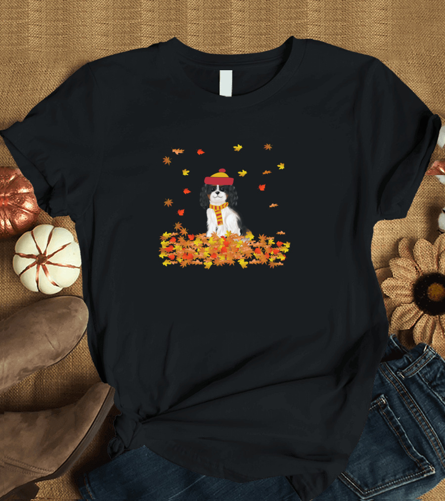 Tri Color Cavalier King Charles Spaniel with Scarf and Hat Surrounded by Falling Autumn Leaves T-Shirt