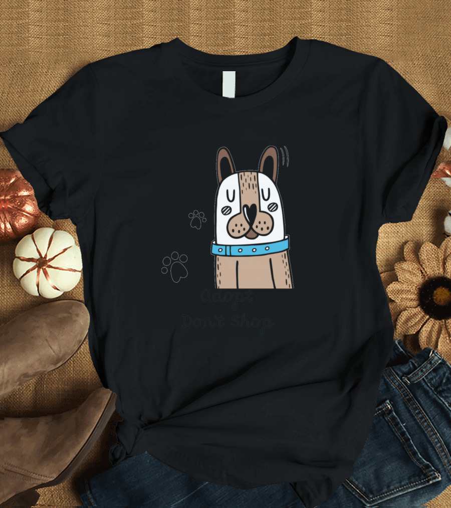 Adopt Don't Shop Cute Cartoon Dog with Paw Prints T-Shirt