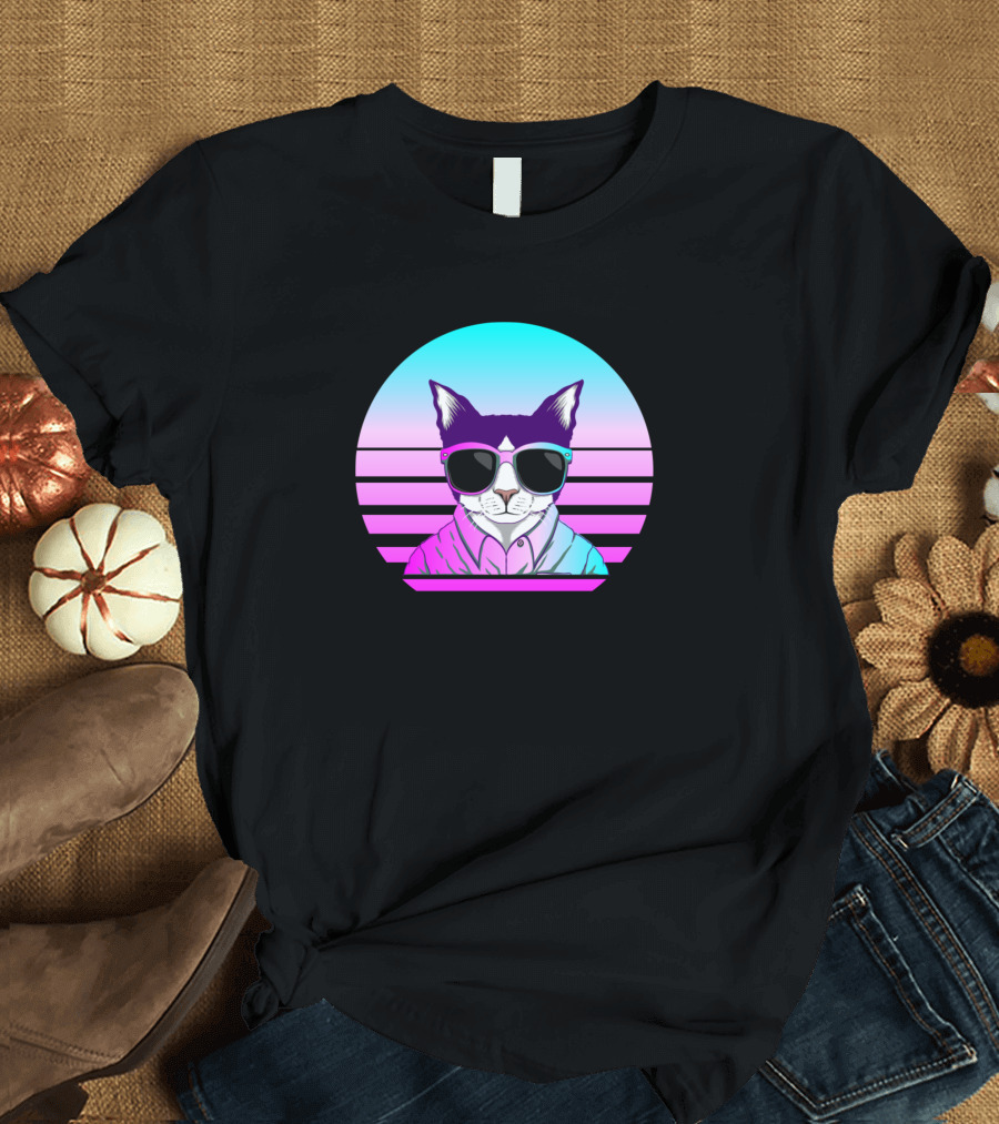 Cat In The Party Retro Synthwave Vibes T-Shirt