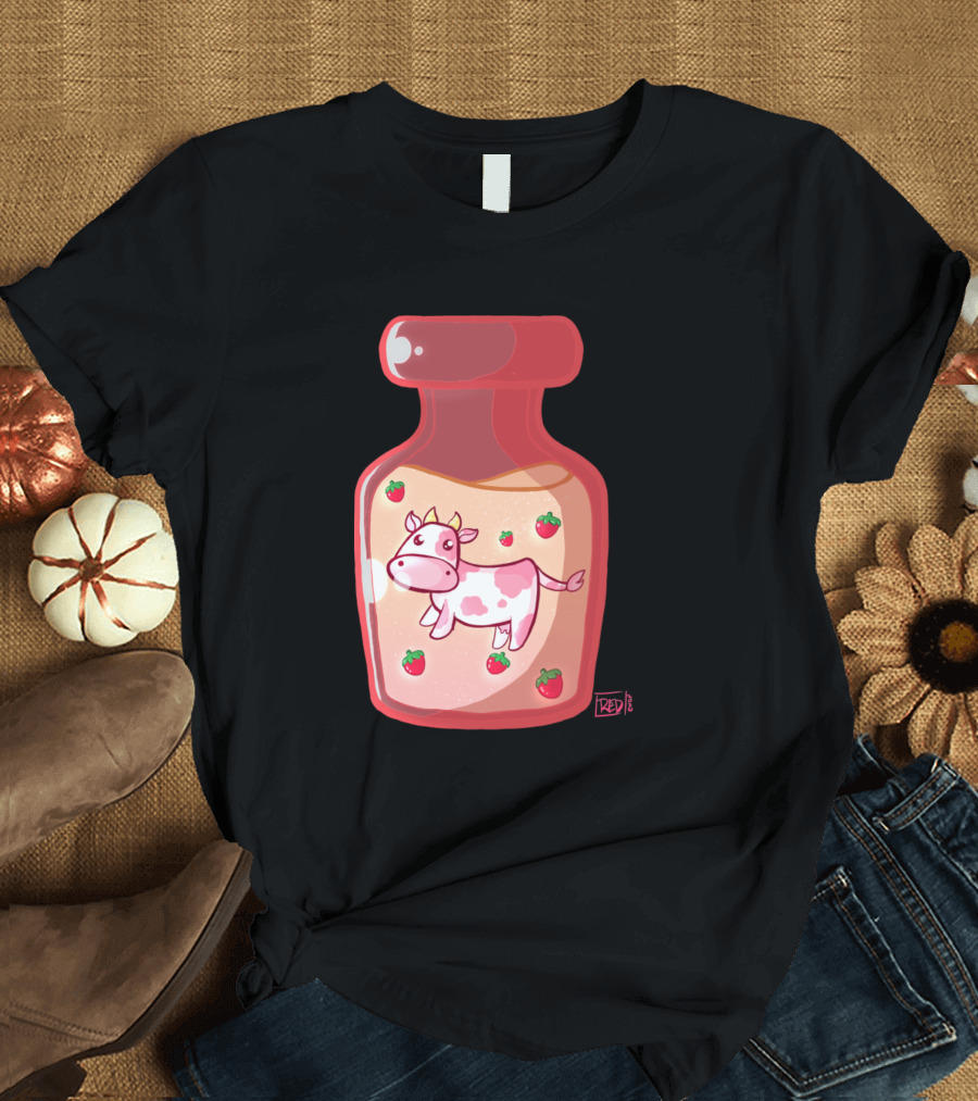 Cow Strawberry Milk Bottle Cute Cow T-Shirt