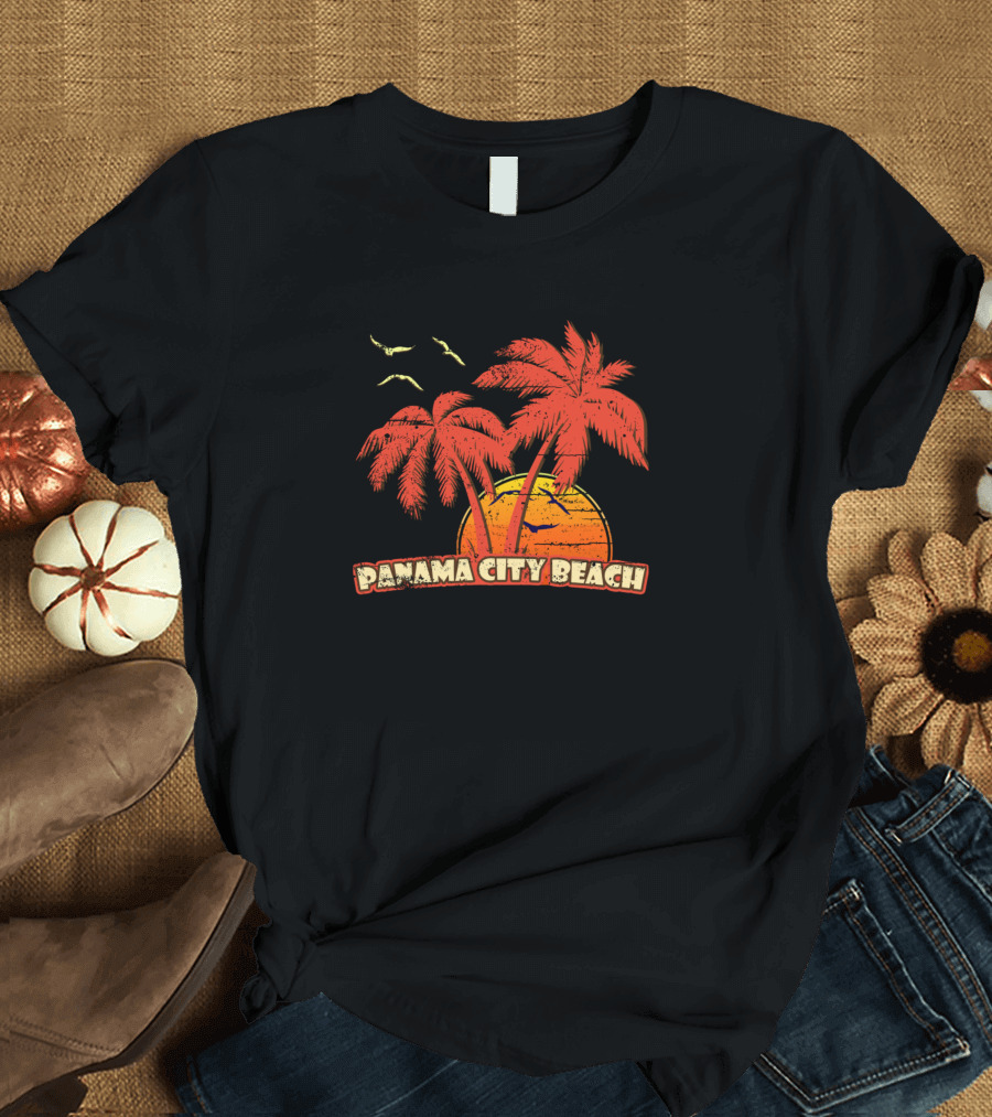 Panama City Beach Vintage Sunset Palm Trees and Seagulls T-Shirt