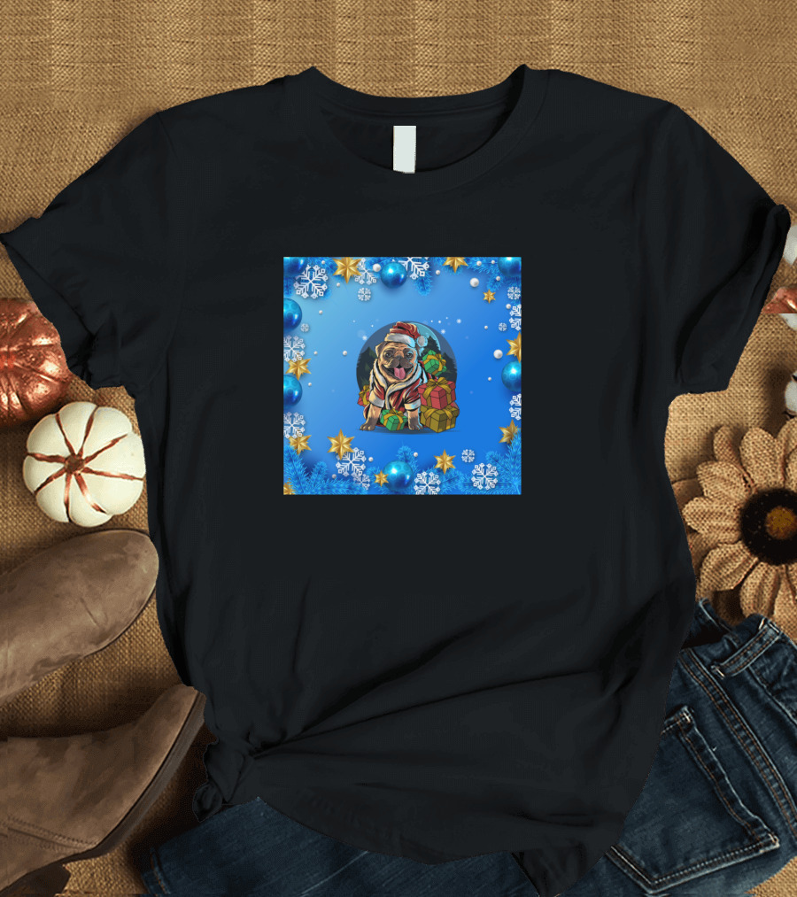 Pug in Santa Hat with Gifts Surrounded by Snowflakes and Christmas Decorations T-Shirt