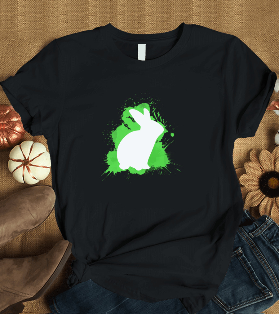 Rabbit Stand Ears Rabbit Teeth Rabbit Holder Easter Silhouette on Green Splash T-Shirt