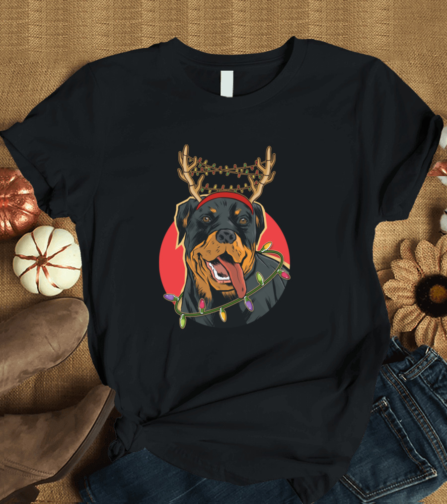 Rottweiler Reindeer with Christmas Lights Antlers T-Shirt