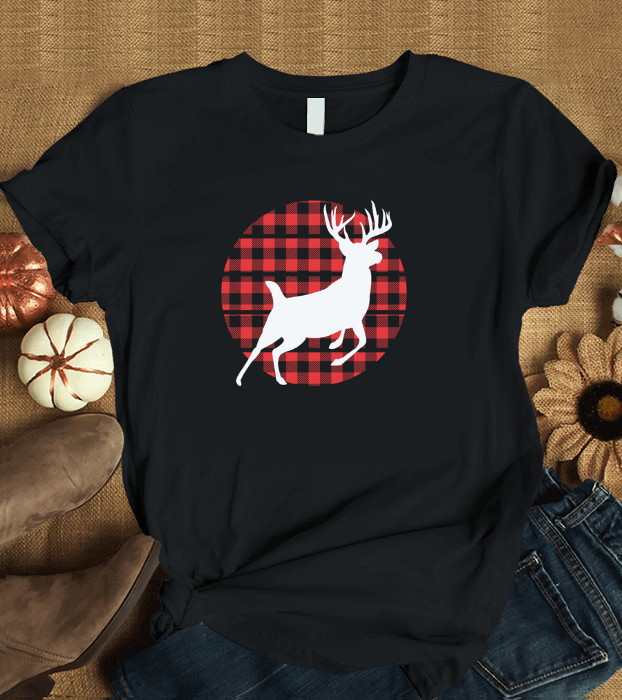Buck Deer Red Plaid Christmas Sunset Circle T-Shirt