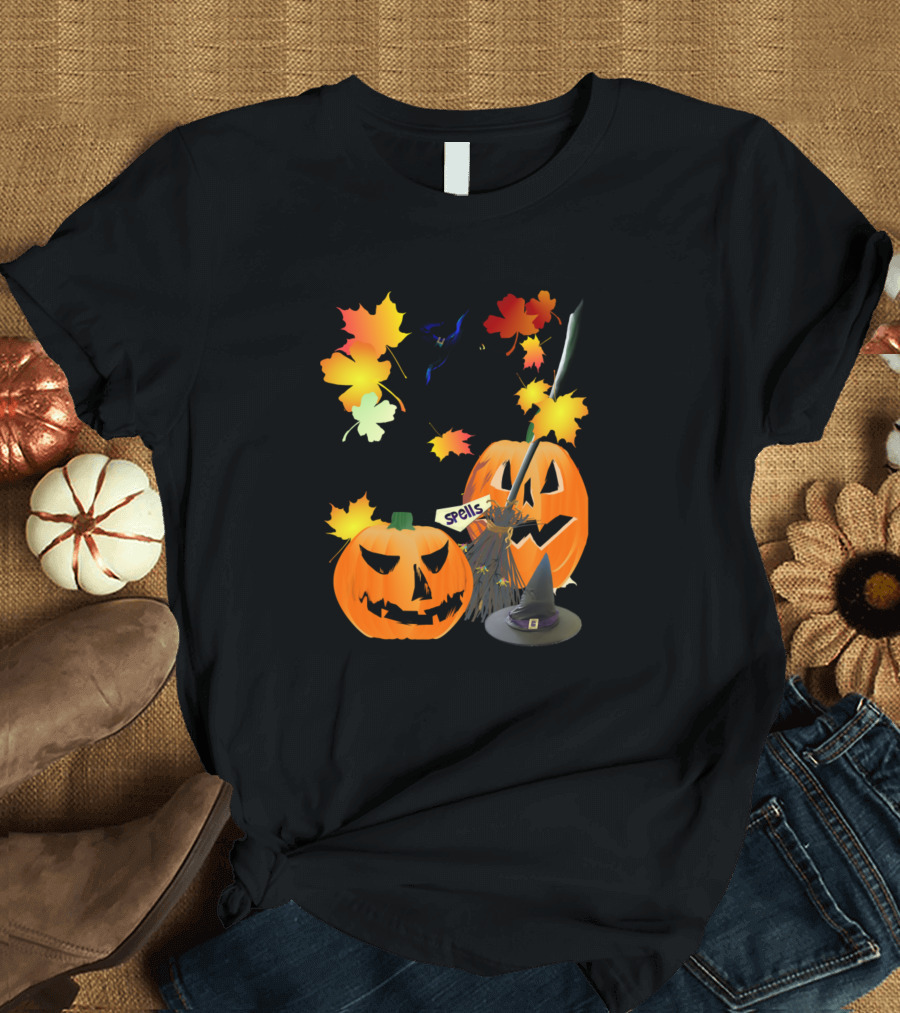 Cats Halloween Black Kitty Witch Hat Jack O Lantern Spells Leaves T-Shirt
