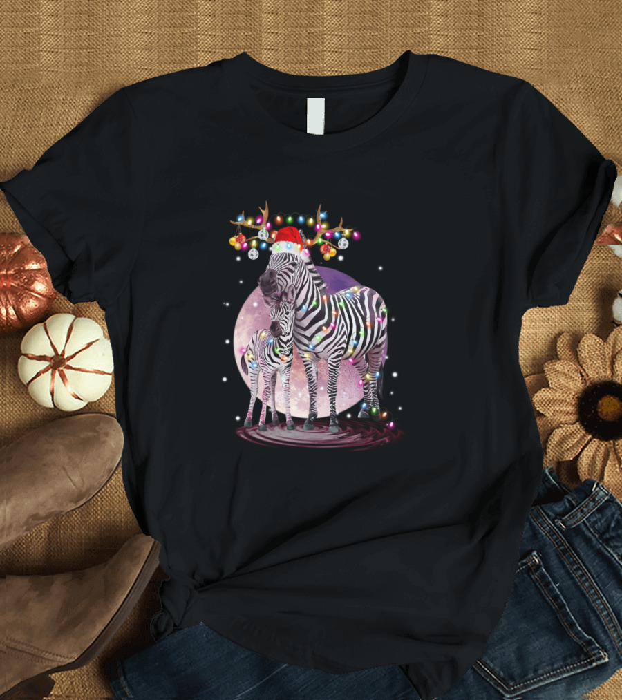 Christmas Zebras Santa Hat Lights Snow Moon T-Shirt