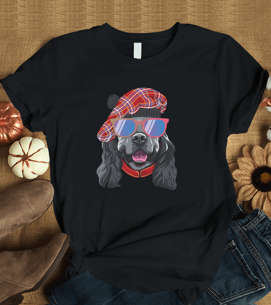 English Cocker Spaniel in Sunglasses and Plaid Beret T-Shirt