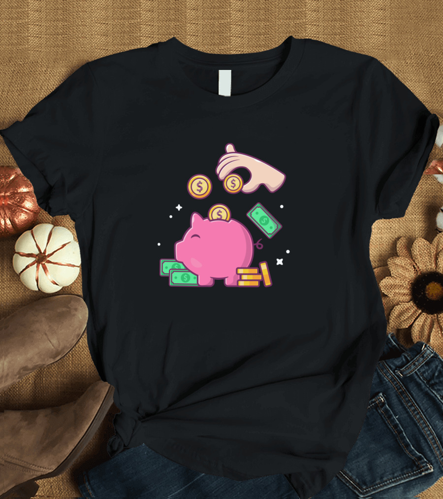 Piggy Bank with Coins and Cash Cartoon T-Shirt