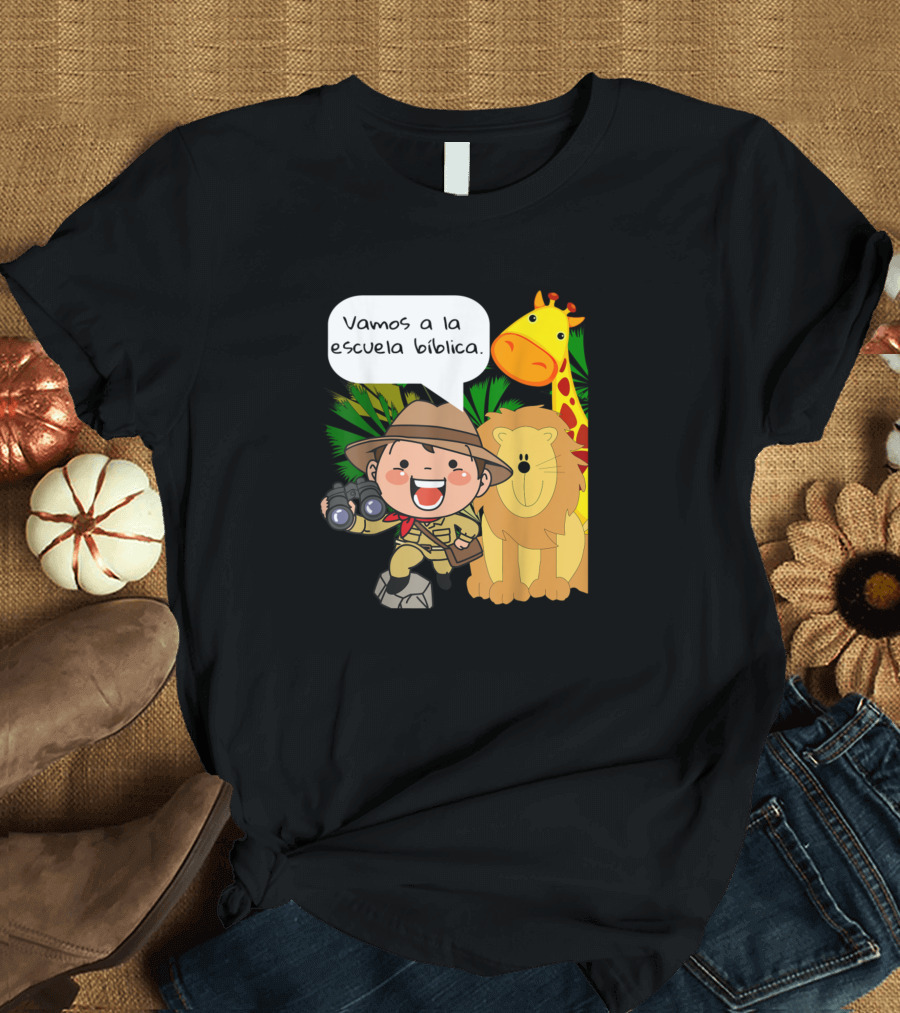 Vamos a la Escuela Bíblica Misionero Explorador con Jirafa y León T-Shirt