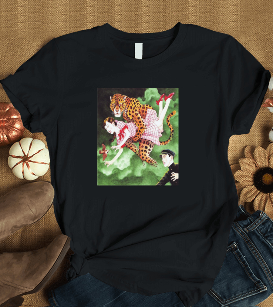 Shintaro Kago Surreal Girl with Leopard and Green Mist T-Shirt