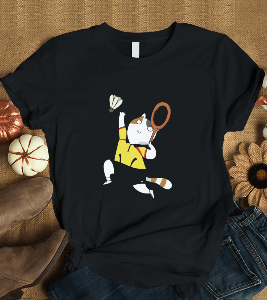 Badkitten Playing Badminton with Racket and Shuttlecock T-Shirt
