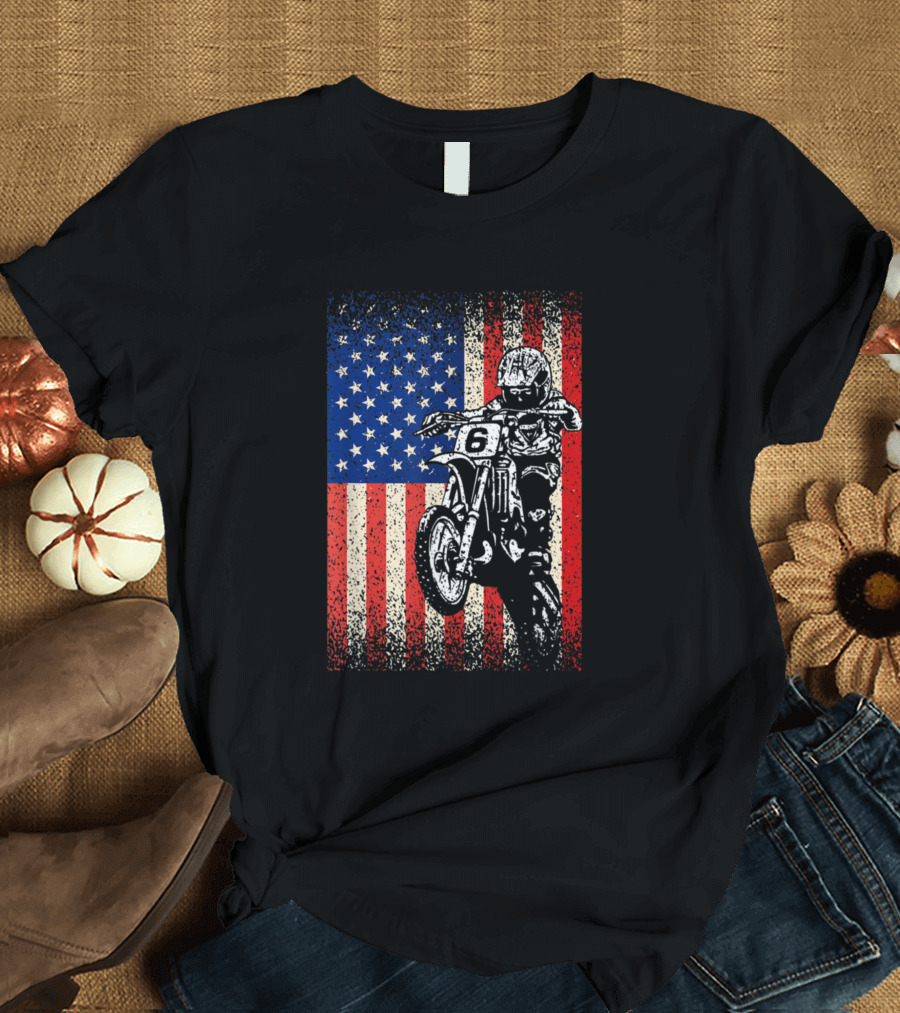 Dirt Bike Motocross Biker with American Flag Background T-Shirt