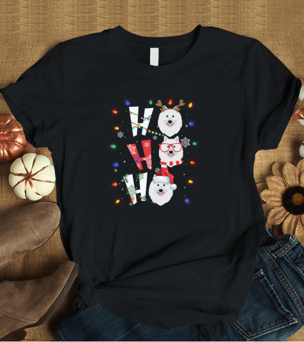T-Shirt: Ho Ho Ho Merry Christmas Keeshonden Reindeer Antlers Santa Hat Festive Lights Snowflakes T-Shirt Ho Ho Ho Merry Christmas Keeshonden Reindeer Antlers Santa Hat Festive Lights Snowflakes T-Shirt