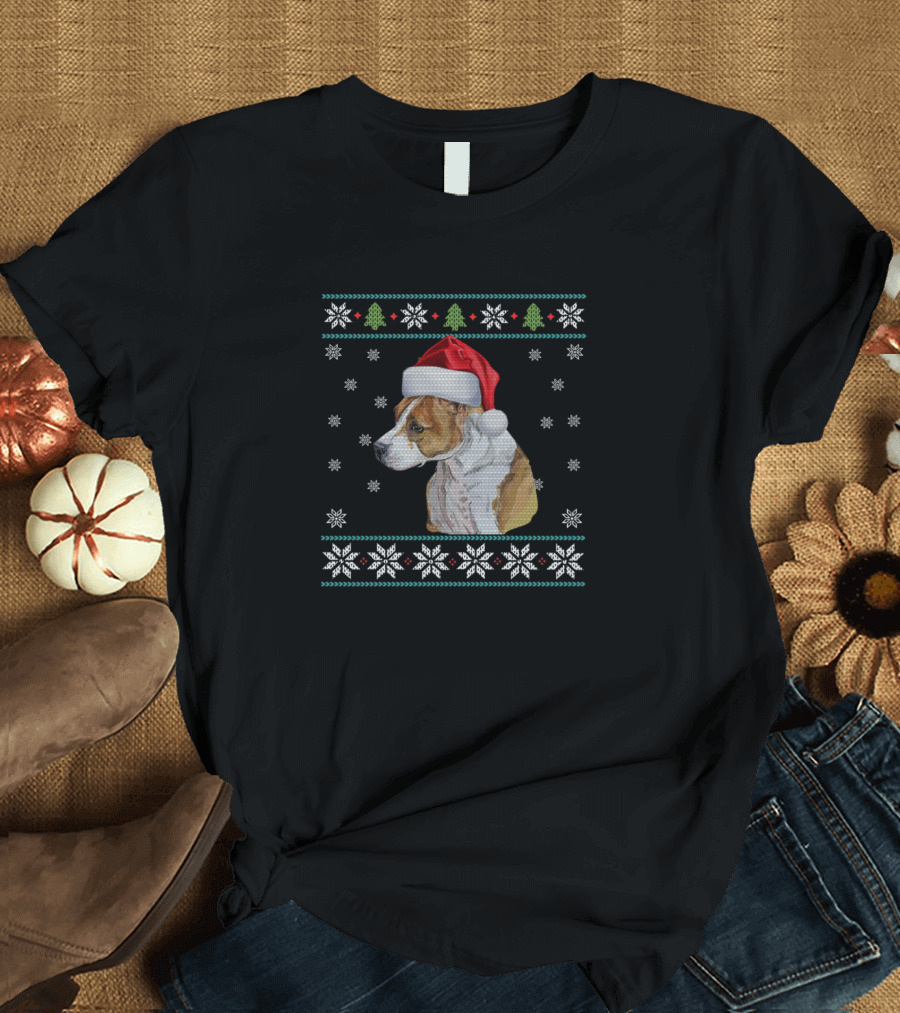 Merry Christmas American Staffordshire Terrier with Santa Hat and Snowflakes Holiday T-Shirt