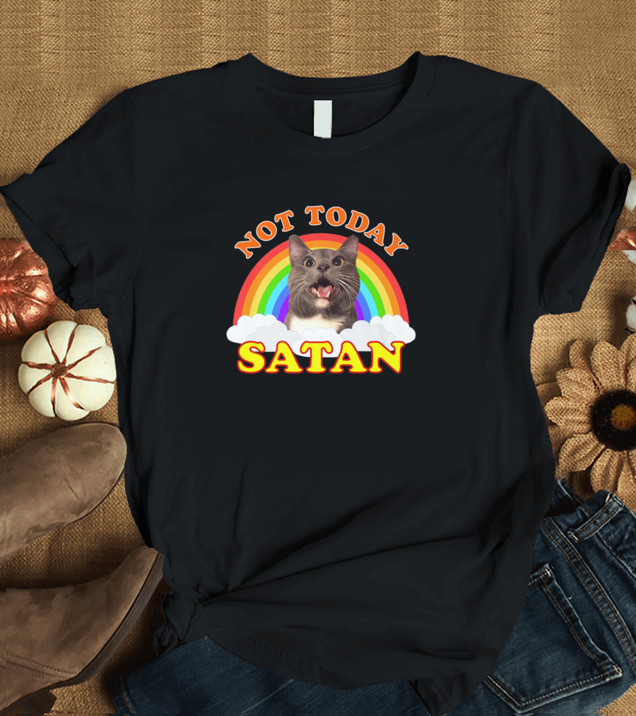 Not Today Satan Rainbow Cat Meme Funny Cat Face with Colorful Rainbow and Clouds T-Shirt