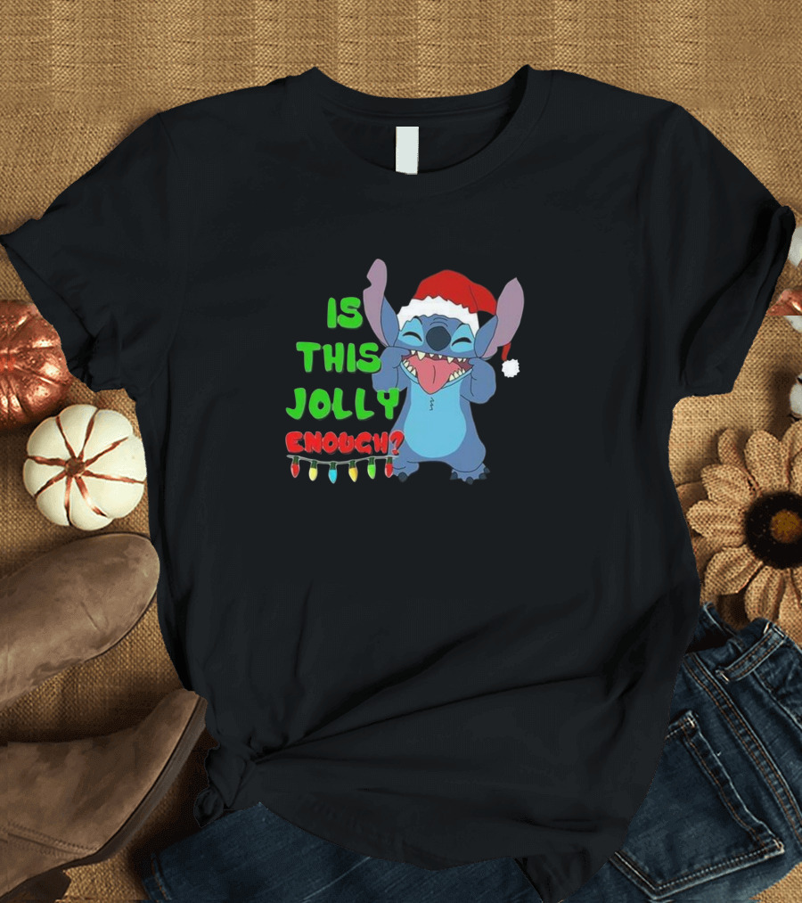 Stitch Is This Jolly Enough Christmas Lights Santa Hat T-Shirt