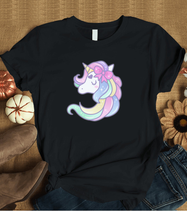 T-Shirt: Unicorn Pastel Rainbow Mane with Bow and Sparkles T-Shirt Unicorn Pastel Rainbow Mane with Bow and Sparkles T-Shirt