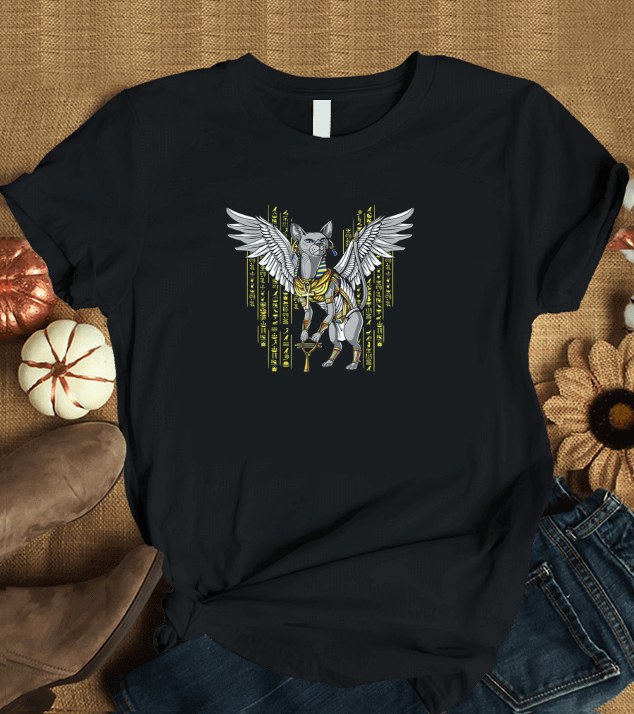 Bastet Egyptian Cat Goddess with Ankh and Hieroglyphs T-Shirt