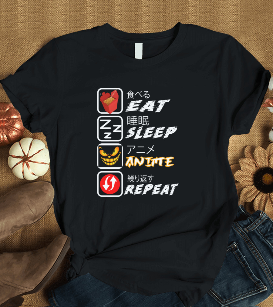 Eat Sleep Anime Repeat Funny Japanese Manga Food Sleep Zzz Smiley T-Shirt