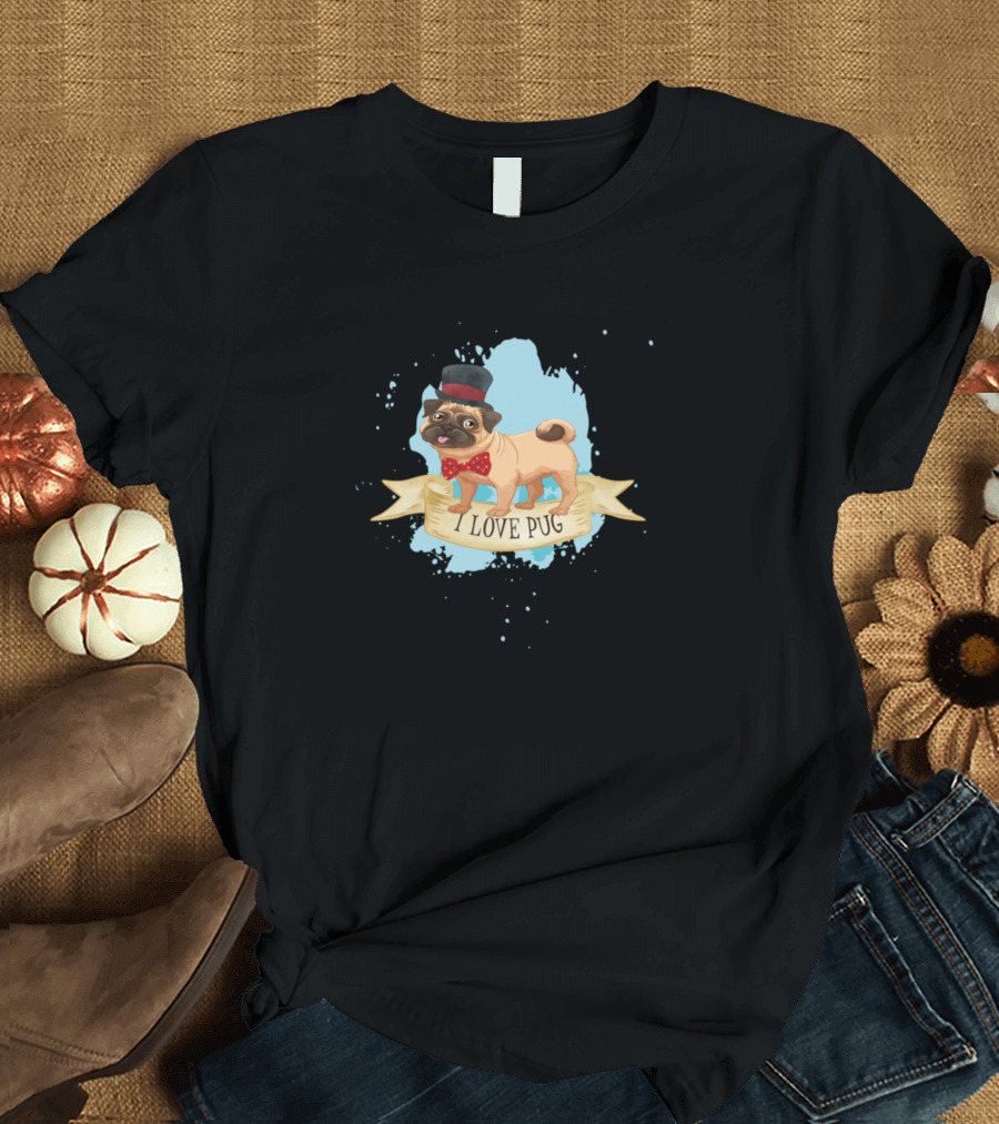 I Love Pug Top Hat and Bow Tie T-Shirt