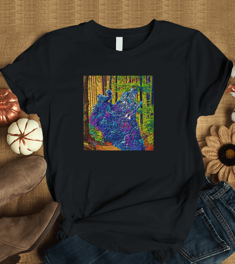 Plague Doctor With Undead in Colorful Forest Scene T-Shirt